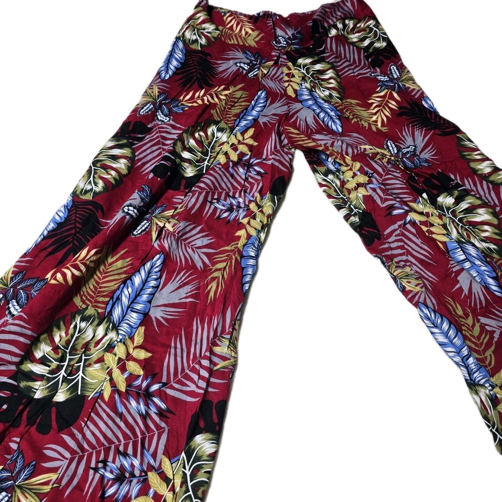 Tropiko Women's Wide Leg Split Pants‎ Red Tropical Floral Print Boho Summer S,M